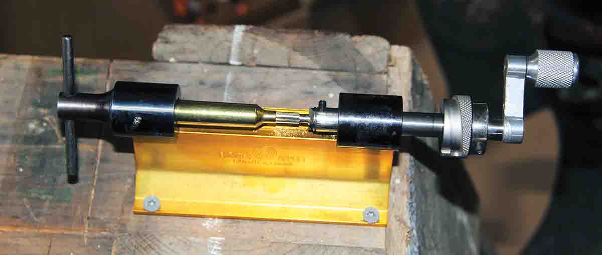 Brass for the .22-284 Winchester, whether the properly headstamped Quality Cartridge cases or reformed Lapua 6.5-284 Norma brass, required neck reaming, starting at .015 inch and finishing at .013 inch.